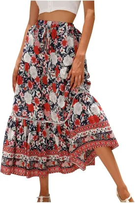 Womens Boho Maxi Skirts Vintage Elastic High Waist Floral Pleated A-Line Long Skirts Beach Vacation Clothes