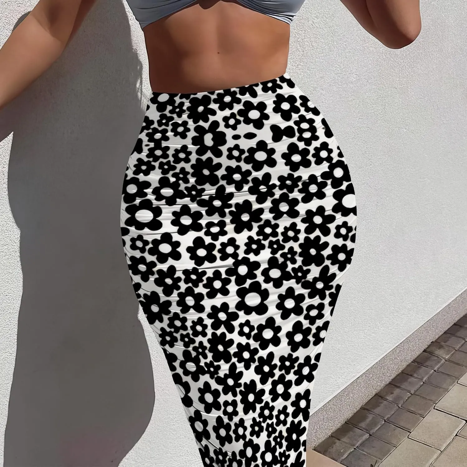 Women's Casual Floral Ruched High Waist Party Club Pencil Bodycon Suit Skirt Elegant Stretchy Below Knee Work Skirt Dress