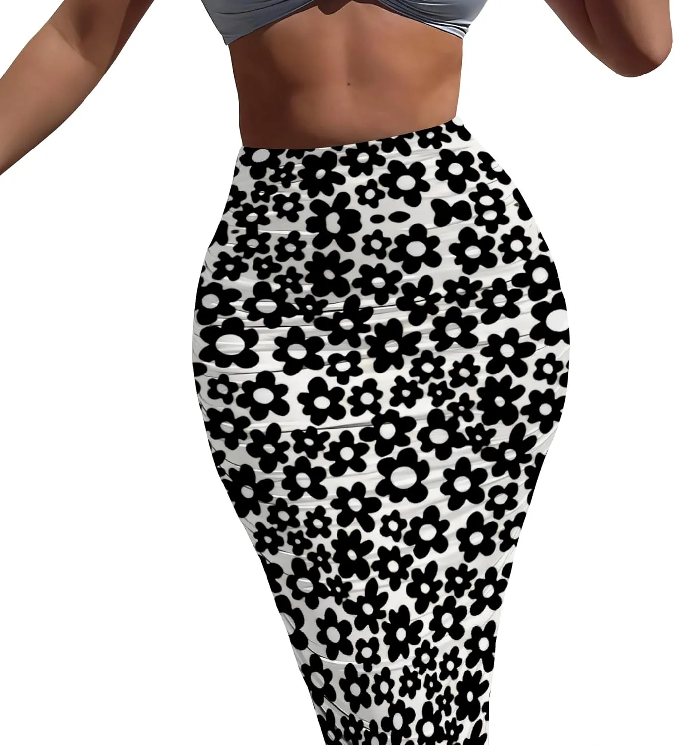 Women's Casual Floral Ruched High Waist Party Club Pencil Bodycon Suit Skirt Elegant Stretchy Below Knee Work Skirt Dress