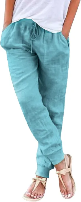 Womens Cotton Linen Pants Summer Drawstring Elastic Waist Pant Casual Linen Tapered Pants with Pockets