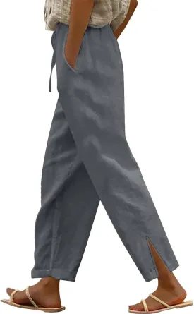 Women's Fashion Loose Casual Solid Color Cotton Linen Dressy Loose Fit Pants