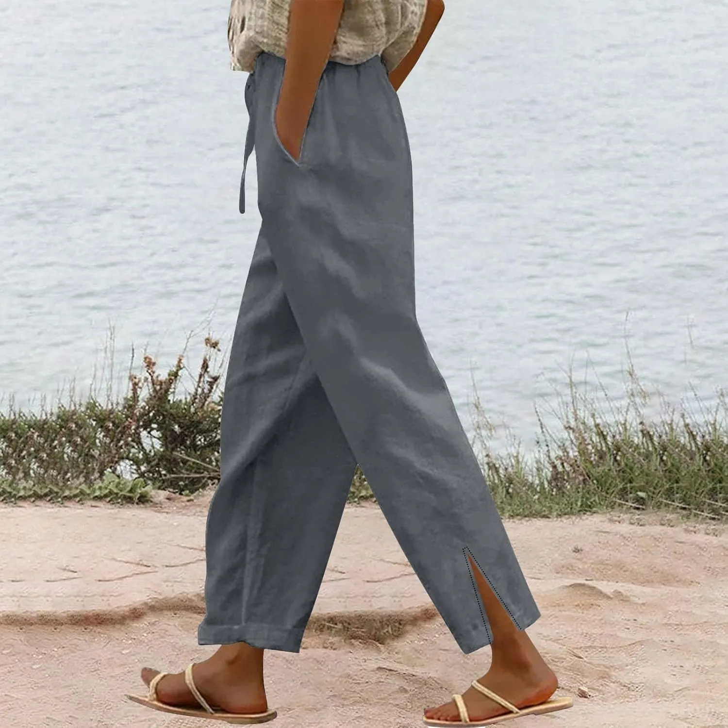 Women's Fashion Loose Casual Solid Color Cotton Linen Dressy Loose Fit Pants