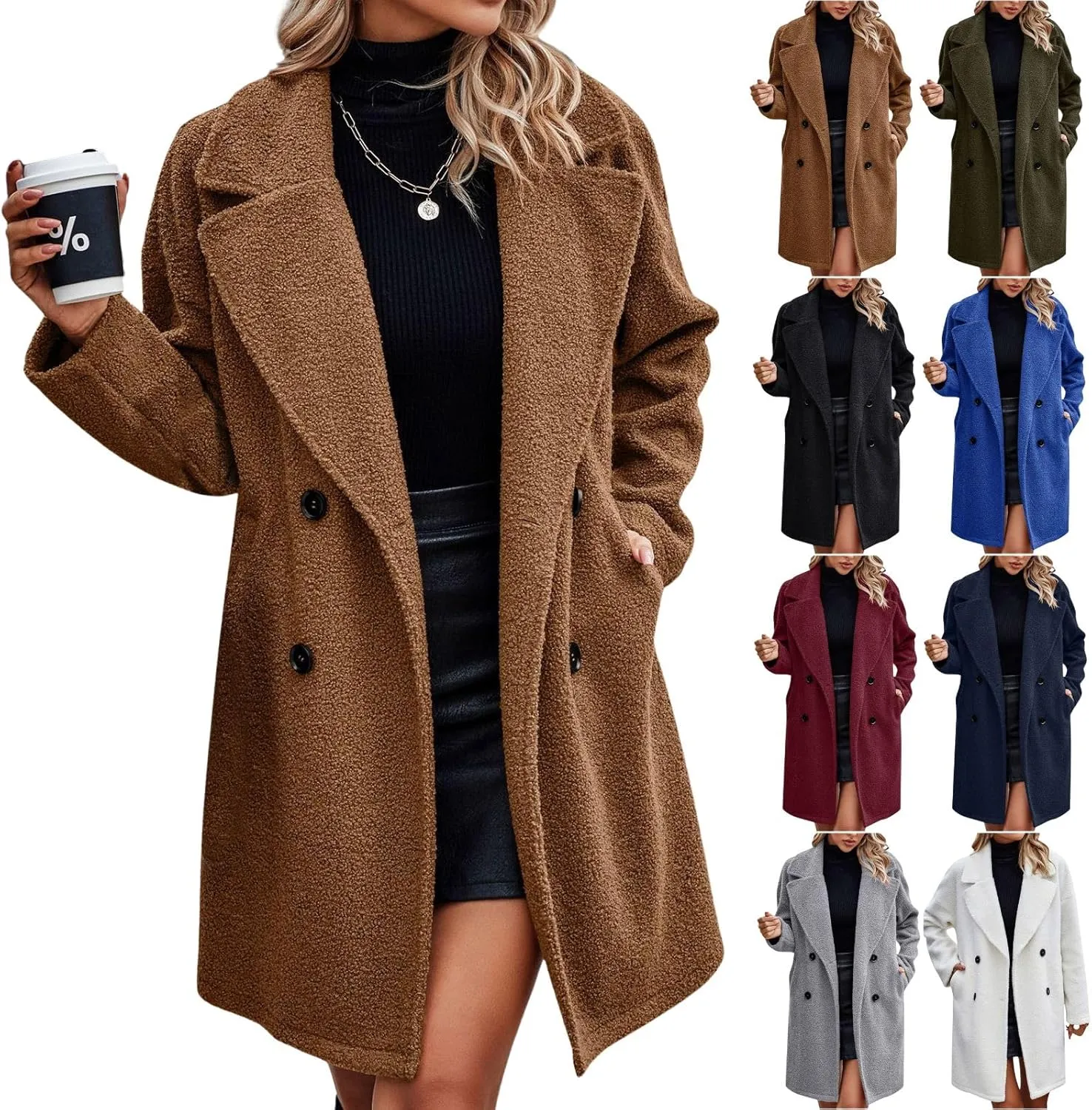 Women's Fuzzy Fleece Lapel Open Front Long Cardigan Coat Button Down Faux Fur Warm Winter Outwear Jackets