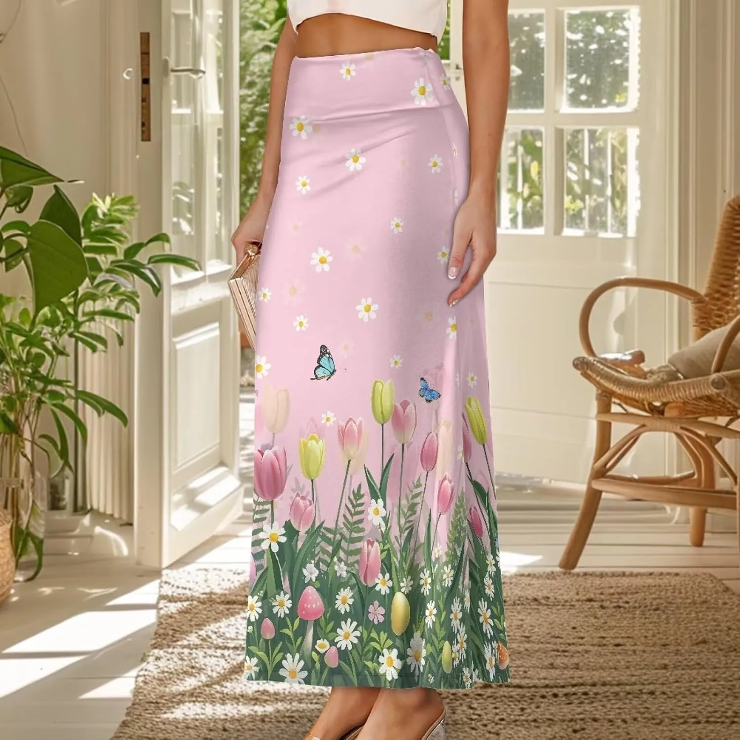 Womens Hawaii Skirts High Waist Long Skirt Side Zipper Stretch Skirt Lightweight Long Maxi Skirts Y2k Skirt Summer