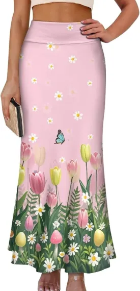 Womens Hawaii Skirts High Waist Long Skirt Side Zipper Stretch Skirt Lightweight Long Maxi Skirts Y2k Skirt Summer