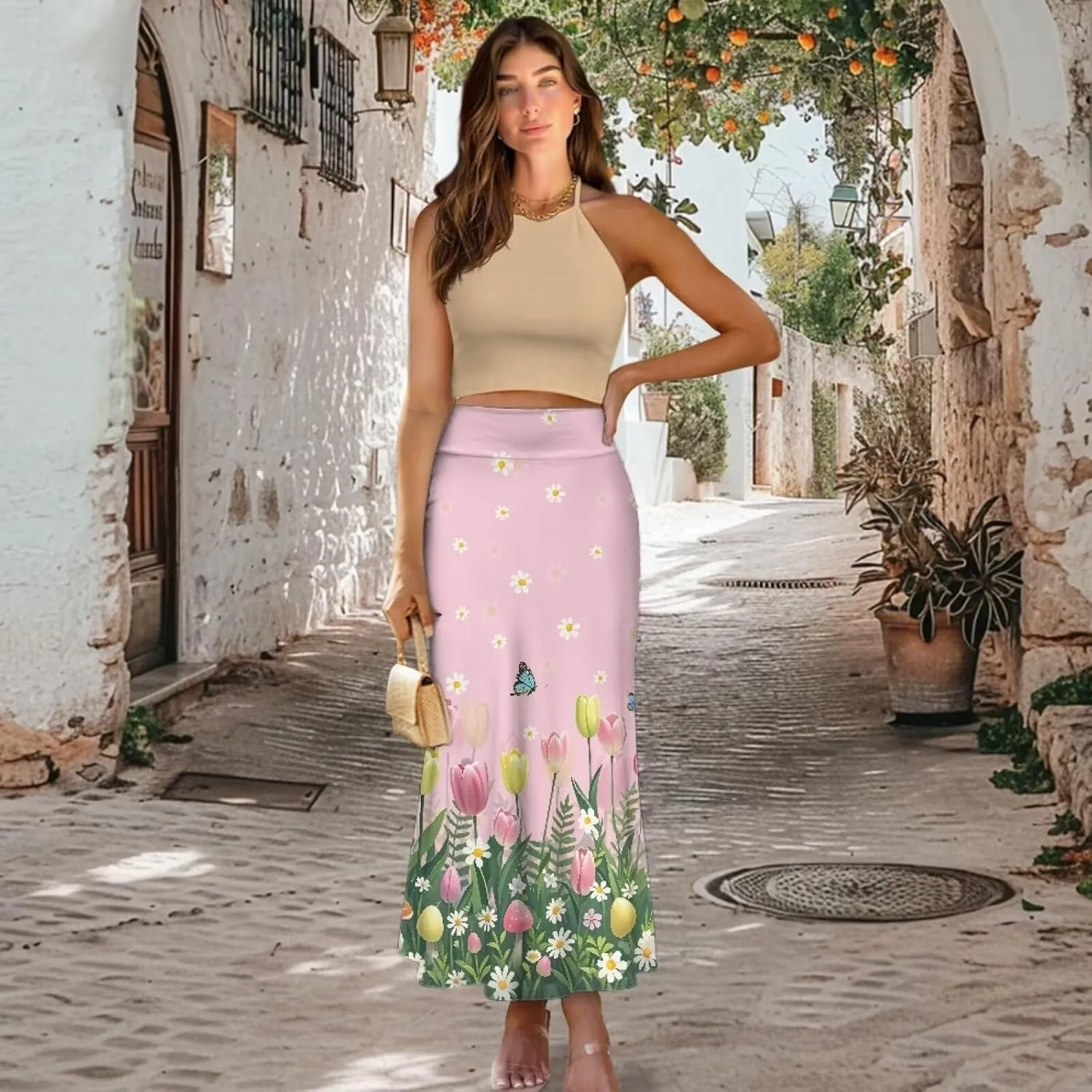 Womens Hawaii Skirts High Waist Long Skirt Side Zipper Stretch Skirt Lightweight Long Maxi Skirts Y2k Skirt Summer