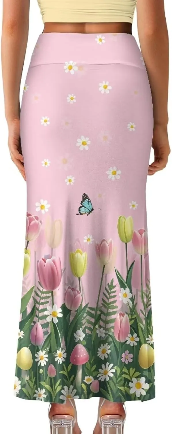 Womens Hawaii Skirts High Waist Long Skirt Side Zipper Stretch Skirt Lightweight Long Maxi Skirts Y2k Skirt Summer