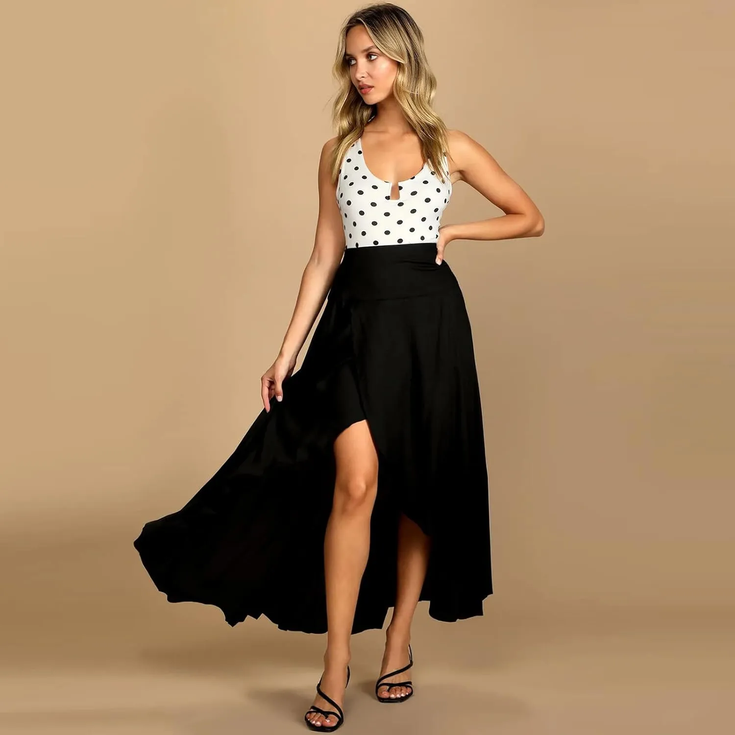 Women's High Low Casual Slit Wrap Asymmetrical Skirt - Solid Elastic High Waist With High Split - Flowy Long Maxi
