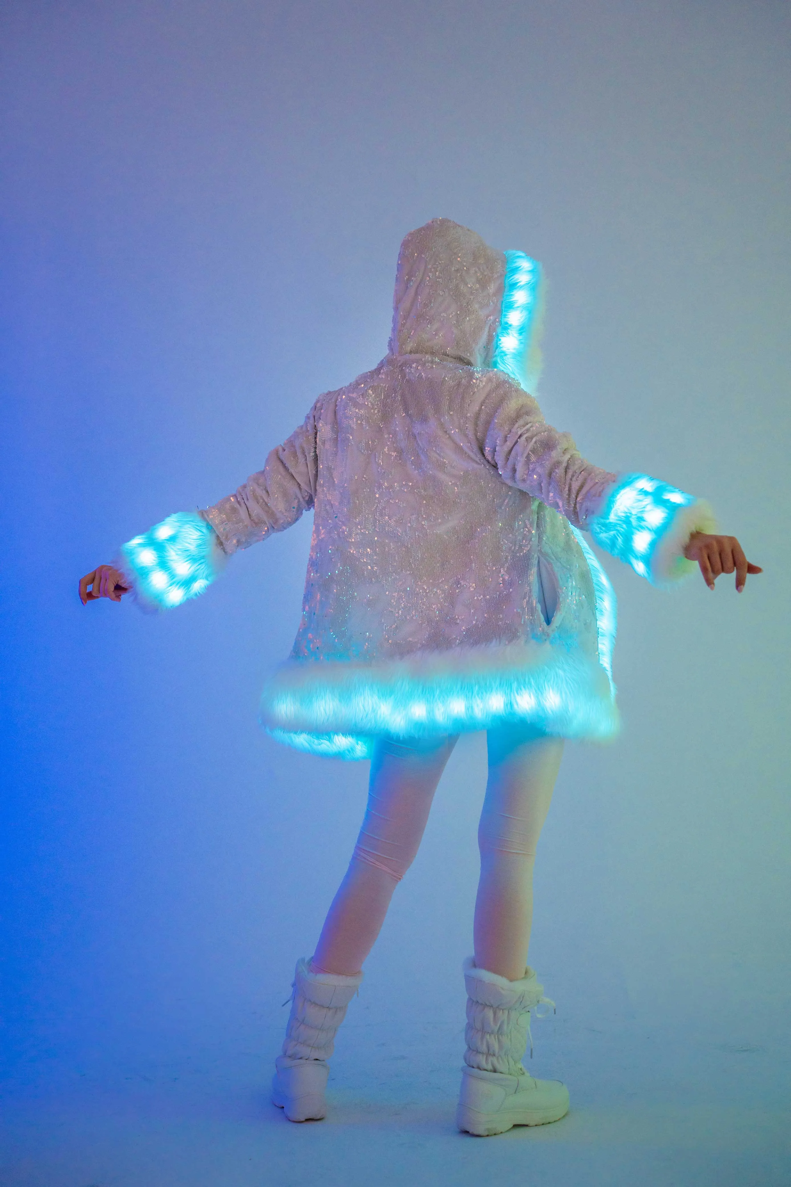Women's LED Petite Playa Coat in "White Velvet Unicorn Sequin " IN STOCK