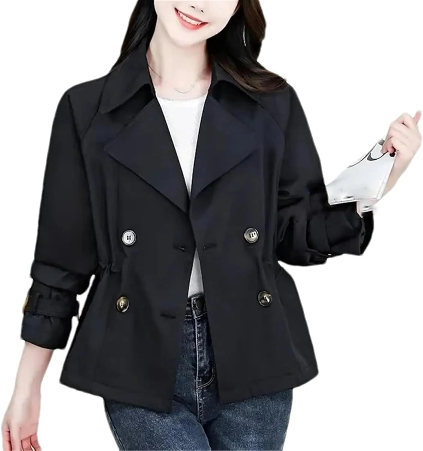 Women's Spring Short Double-Breasted Trench Coat  Casual Cropped Jacket With Pockets Stylish Outerwear