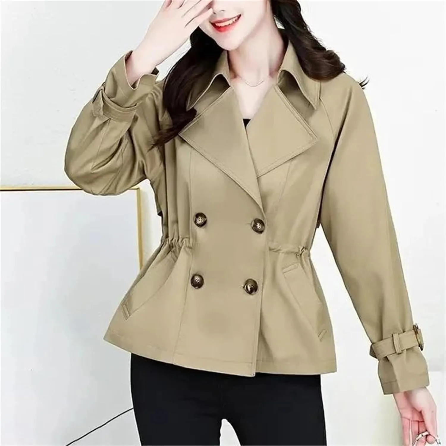 Women's Spring Short Double-Breasted Trench Coat  Casual Cropped Jacket With Pockets Stylish Outerwear