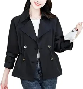 Women's Spring Short Double-Breasted Trench Coat  Casual Cropped Jacket With Pockets Stylish Outerwear