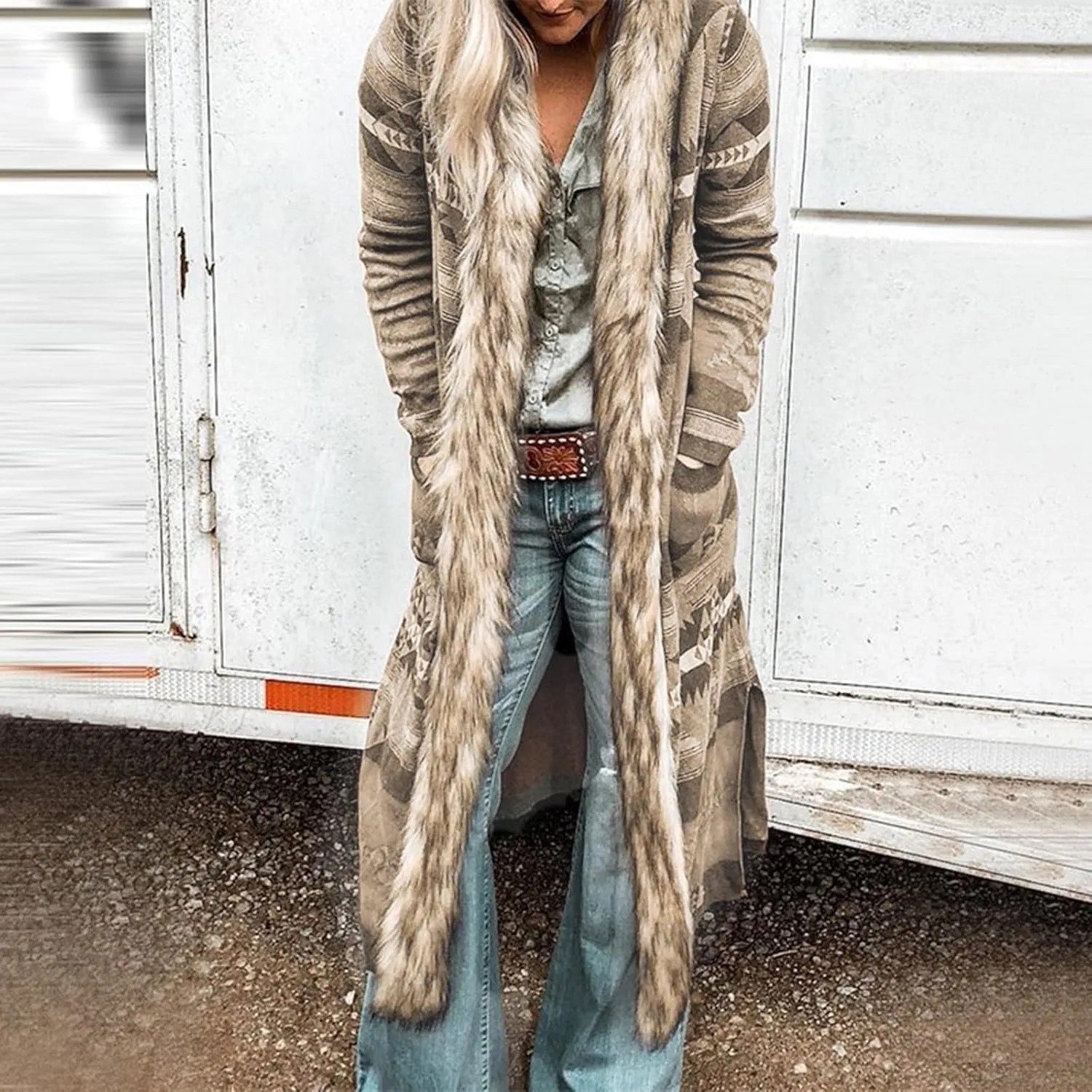 Women's Winter Long Jacket Open Front Coat Cardigan Vintage Western Coats Faux Fur Trim Parka Outerwear with Pockets