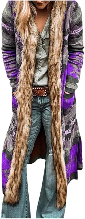 Women's Winter Long Jacket Open Front Coat Cardigan Vintage Western Coats Faux Fur Trim Parka Outerwear with Pockets