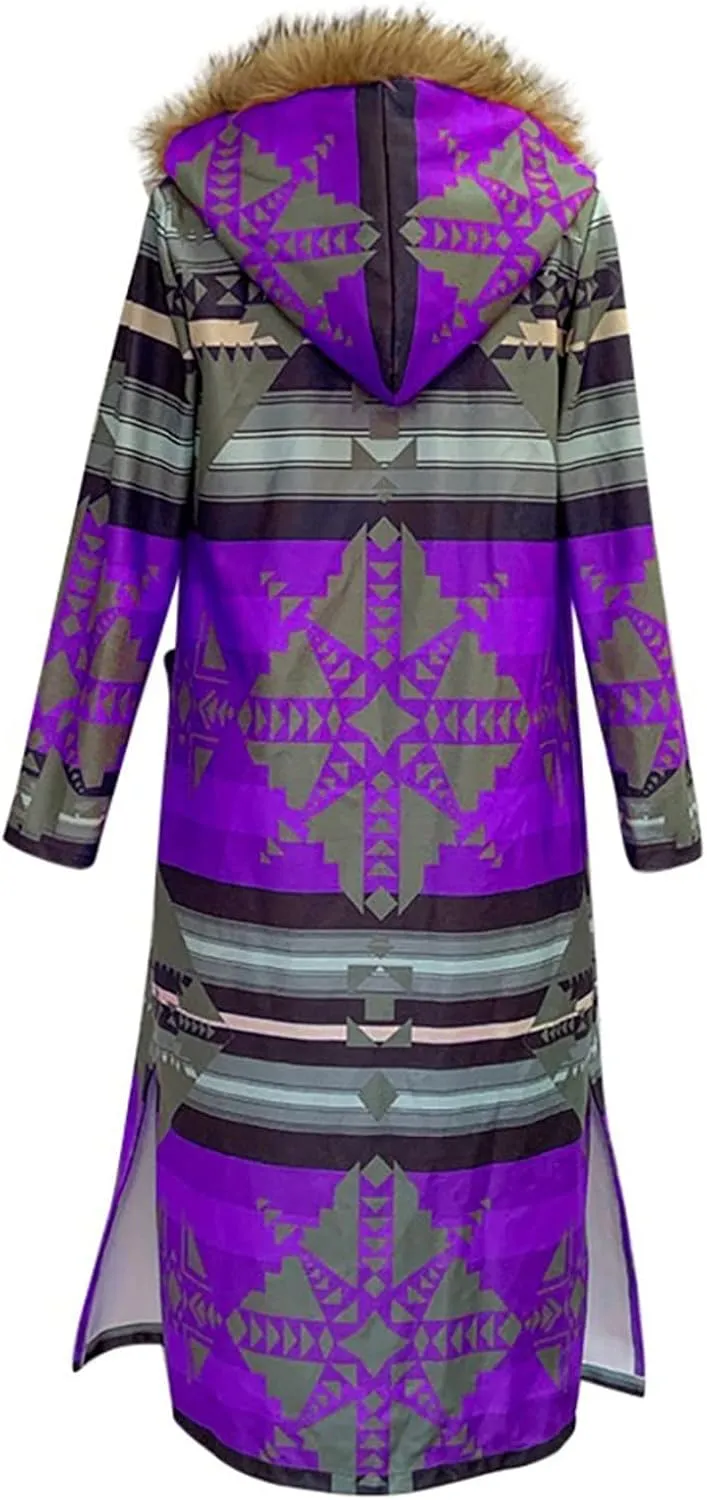 Women's Winter Long Jacket Open Front Coat Cardigan Vintage Western Coats Faux Fur Trim Parka Outerwear with Pockets