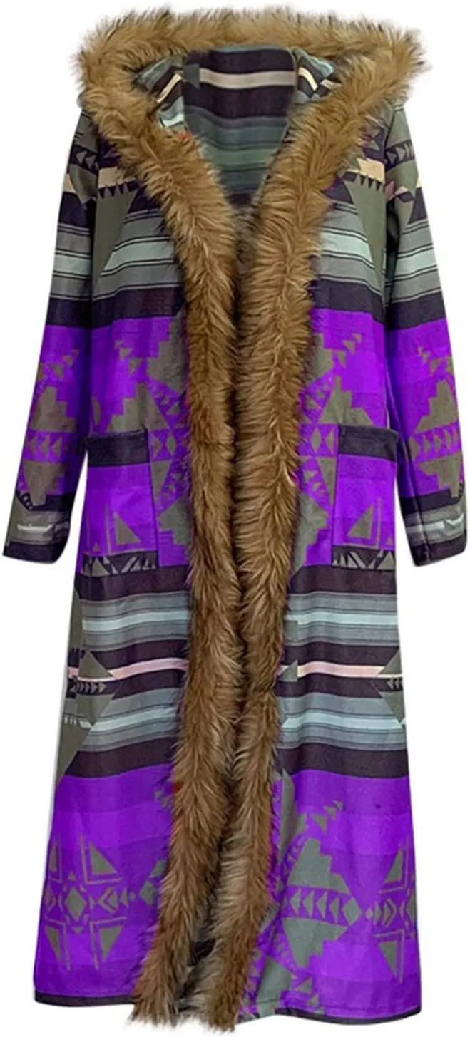 Women's Winter Long Jacket Open Front Coat Cardigan Vintage Western Coats Faux Fur Trim Parka Outerwear with Pockets