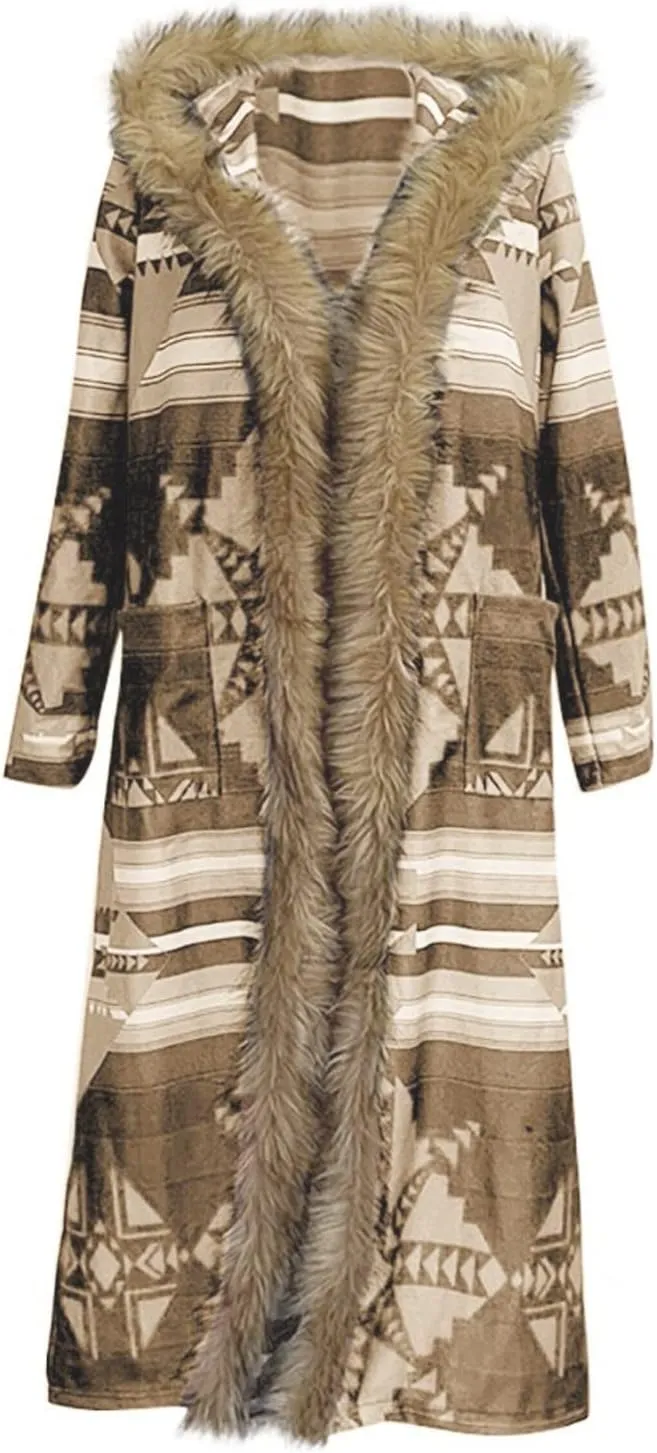 Women's Winter Long Jacket Open Front Coat Cardigan Vintage Western Coats Faux Fur Trim Parka Outerwear with Pockets