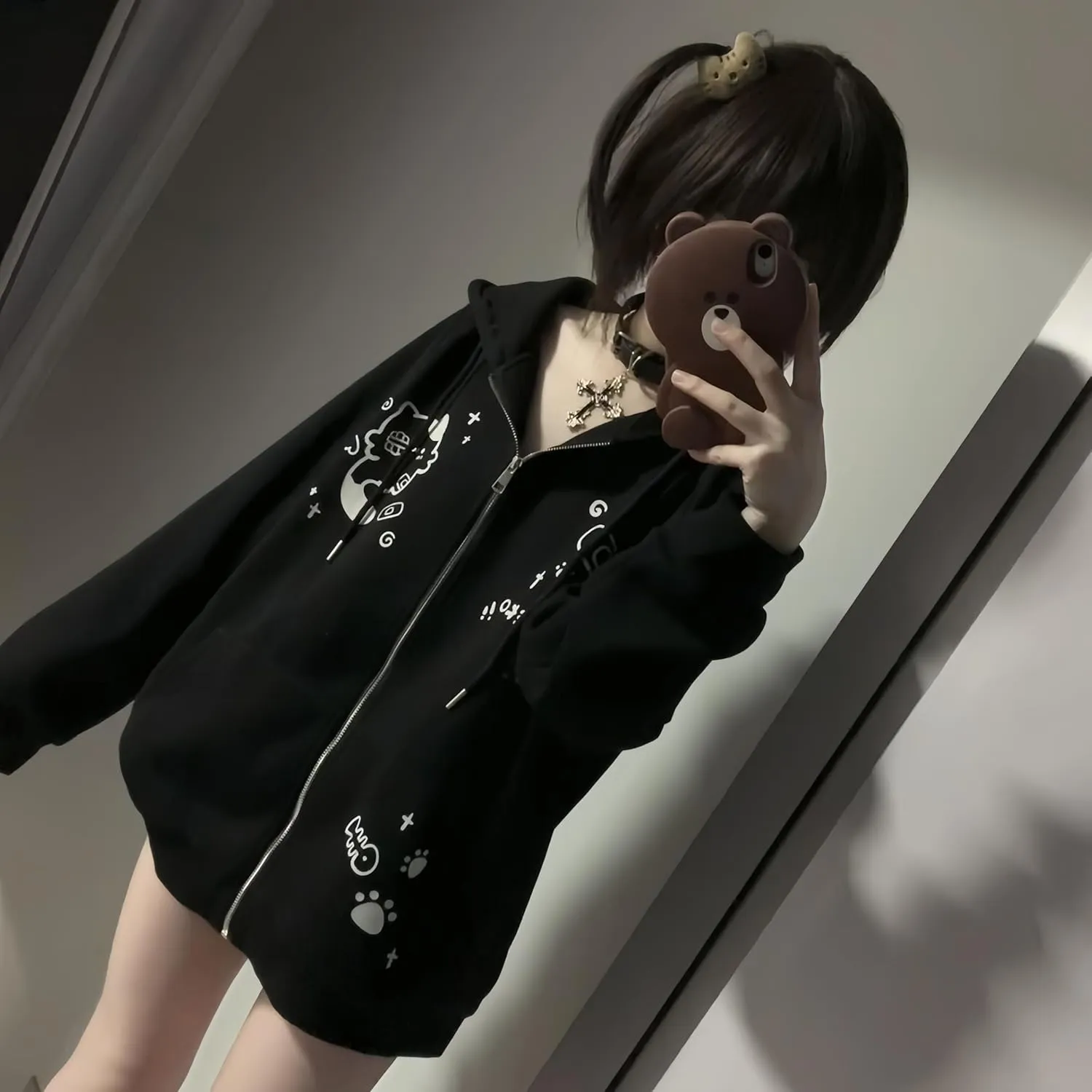 Womens Y2K Zip Up Cute Graphic Hoodies Cat Ears Casual Cartoon Harajuku Kawaii Clothes Oversize Streetwear Jacket