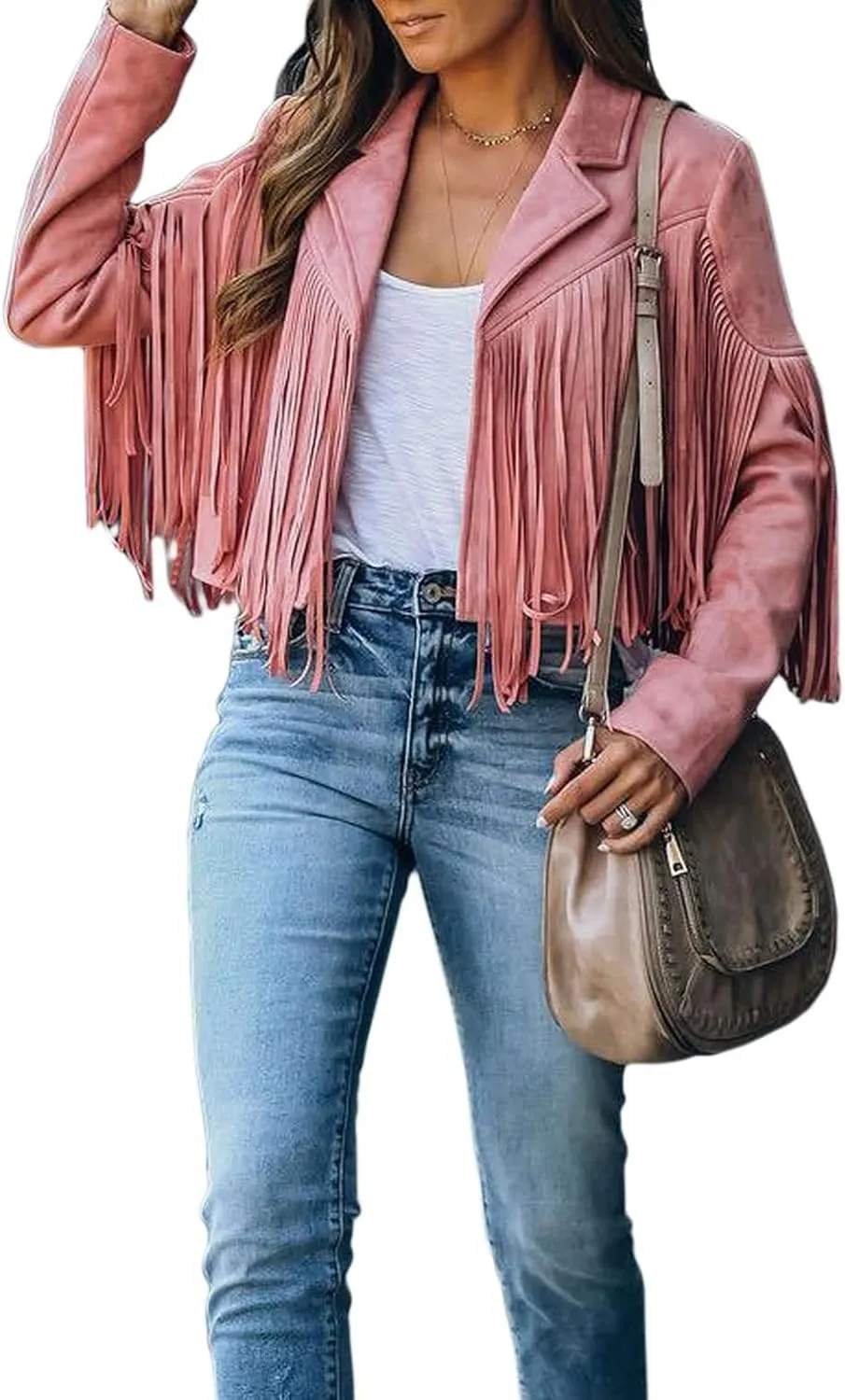 yoeasy Women Faux Suede Leather Tassel Coat Lapel Long Sleeve Motorcycle Short Fringe Jacket