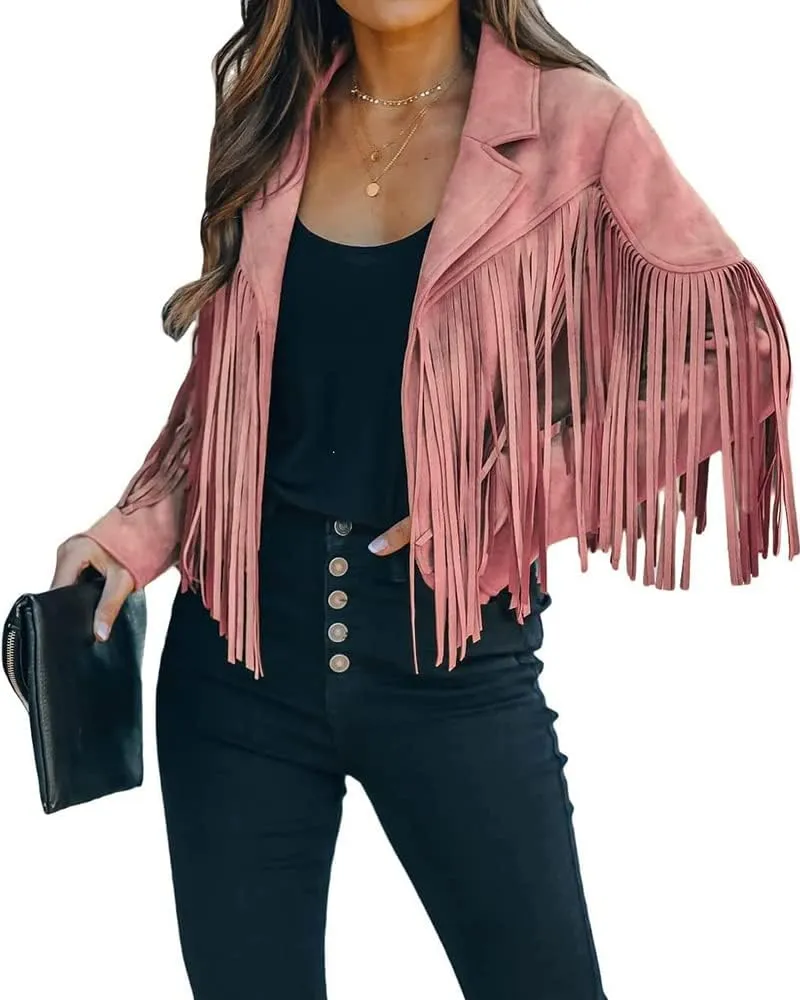 yoeasy Women Faux Suede Leather Tassel Coat Lapel Long Sleeve Motorcycle Short Fringe Jacket