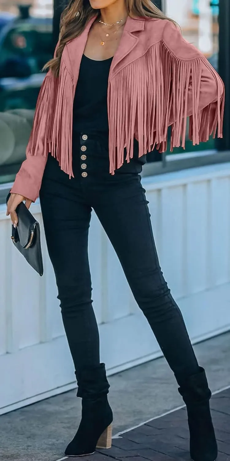yoeasy Women Faux Suede Leather Tassel Coat Lapel Long Sleeve Motorcycle Short Fringe Jacket
