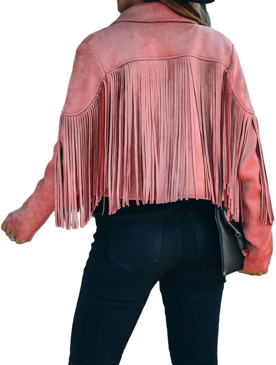 yoeasy Women Faux Suede Leather Tassel Coat Lapel Long Sleeve Motorcycle Short Fringe Jacket
